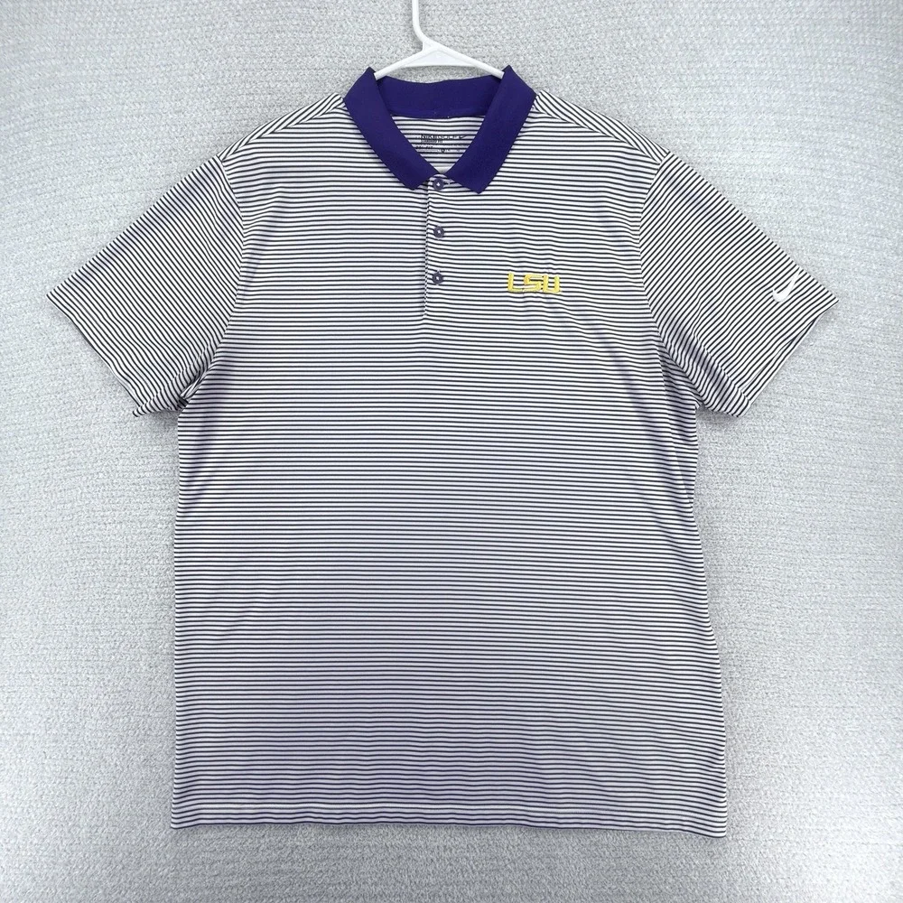 Nike Golf Dri-FIT LSU Tigers Striped Polo Shirt Men's XL Purple White NCAA - Picture 2 of 9